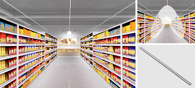 aisle lighting with linear luminaires and asymmetric light distribution