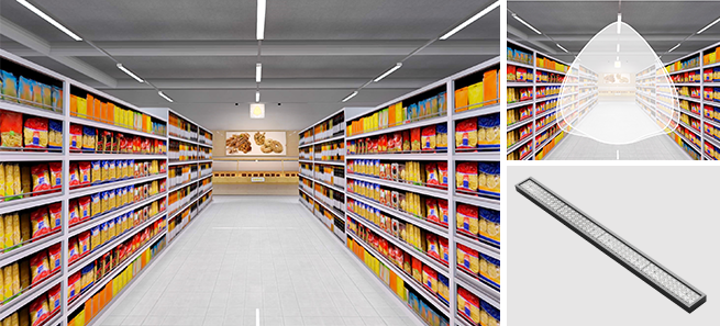 aisle lighting with linear luminaires and symmetric light distribution